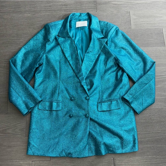 Meshki Becky Shimmer Oversized Blazer Dress Aquamarine L Mermaid Glitter Festive - Picture 14 of 16